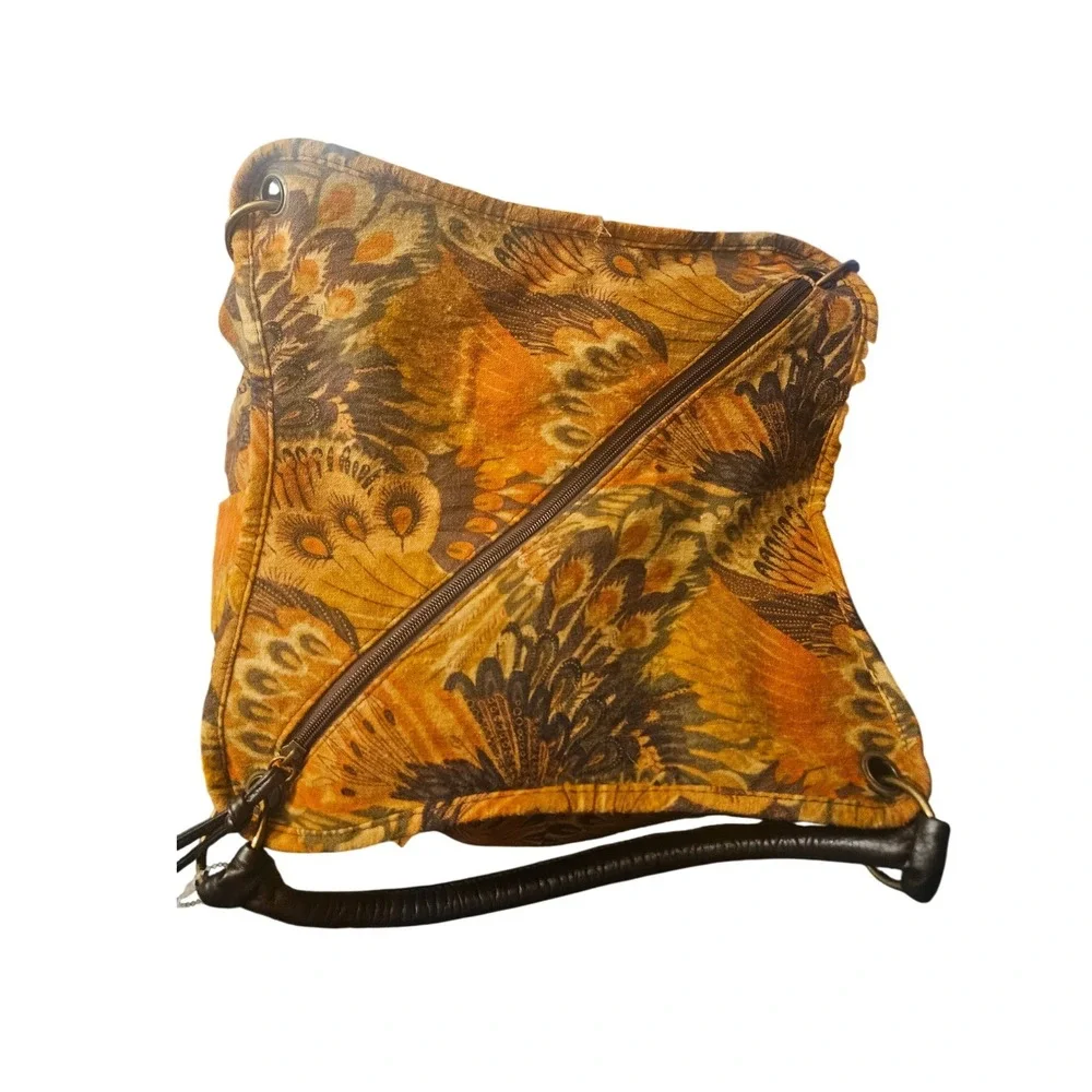 Peacock Feather Print Hobo Bag Orange Brown Tapestry Shoulder Tote